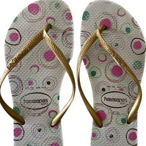 Havaianas slim white pink gold sz 8 flip flips slides slip-ons - GUC